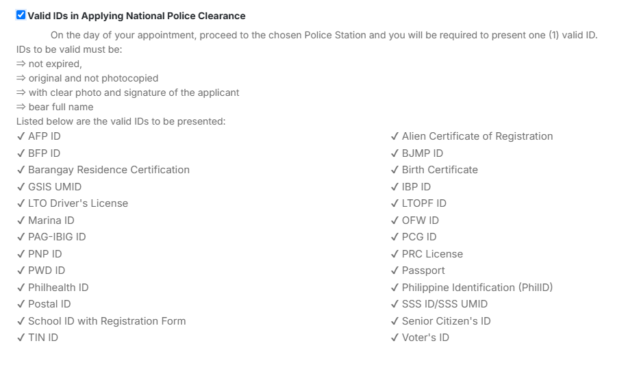 National Police Clearance Valid IDs