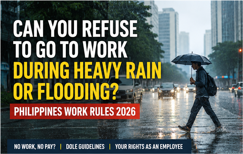 Employee walking through heavy rain and flooding in the Philippines under DOLE work suspension rules 2026