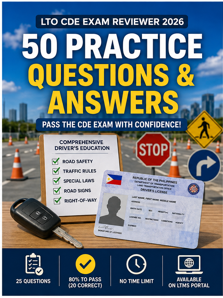 LTO CDE exam reviewer 2026 50 practice questions and answers Philippines