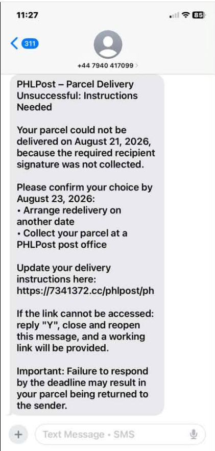 Actual PHLPost phishing text message reported in the Philippines asking users to update their delivery address