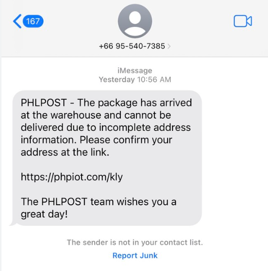 Actual PHLPost phishing text message reported in the Philippines asking users to update their delivery address