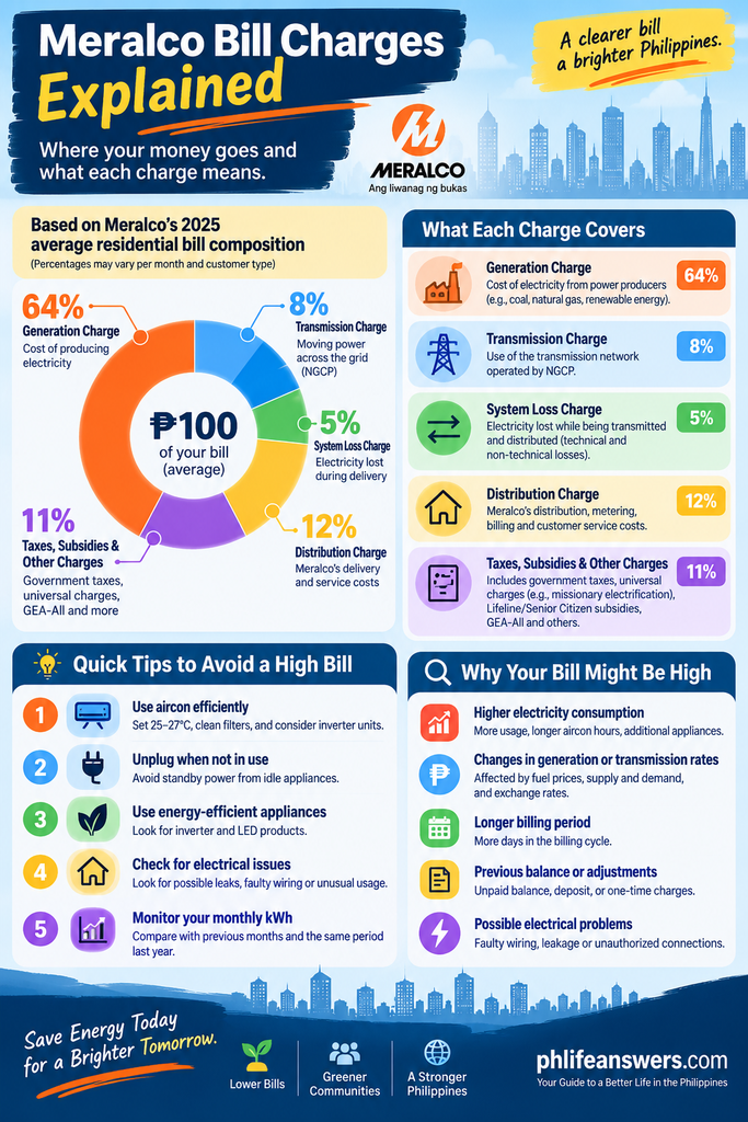 Meralco bill charges explained with generation, transmission, system loss and distribution costs