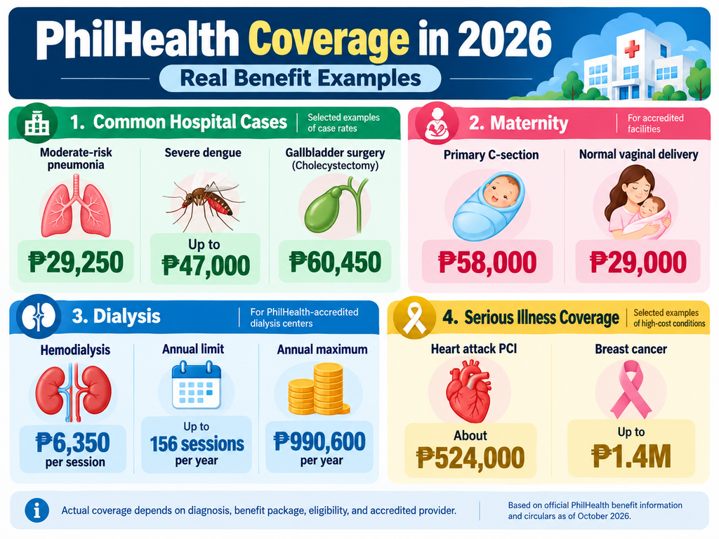 PhilHealth coverage rates in 2026 for pneumonia, severe dengue, C-section, gallbladder surgery, dialysis, heart attack PCI and breast cancer